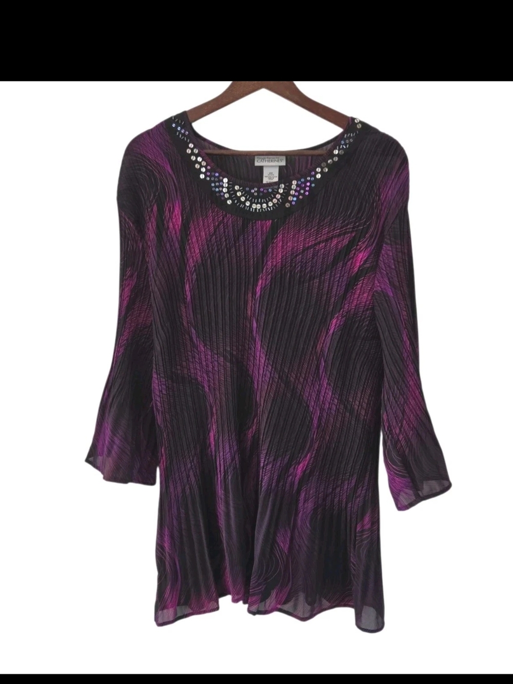 Maggie Barnes For Catherines Purple Black Pleated Sequins Blouse Top Size 2X